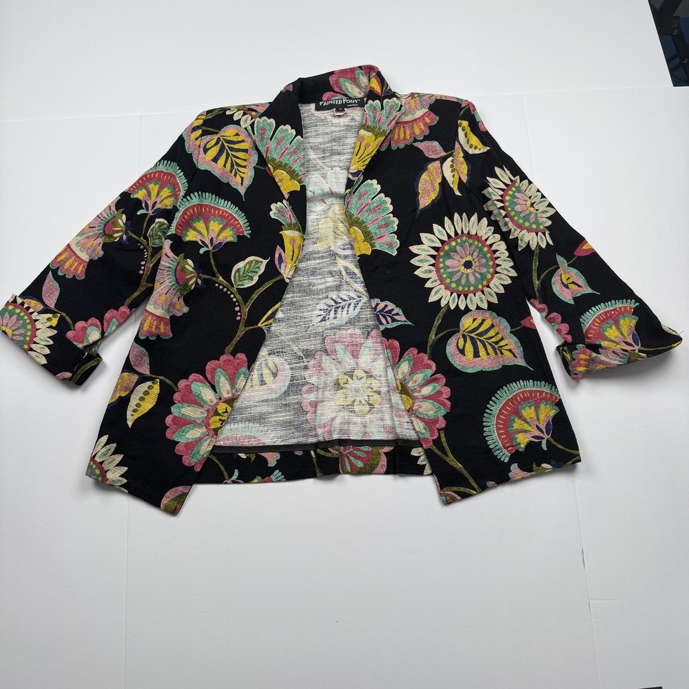Painted Pony Jacket Womens Small Multicolor Floral Open Front Boho Made in USA